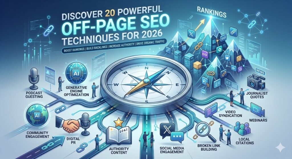 off-page SEO techniques for 2026 including link building, social media marketing, and brand authority strategies